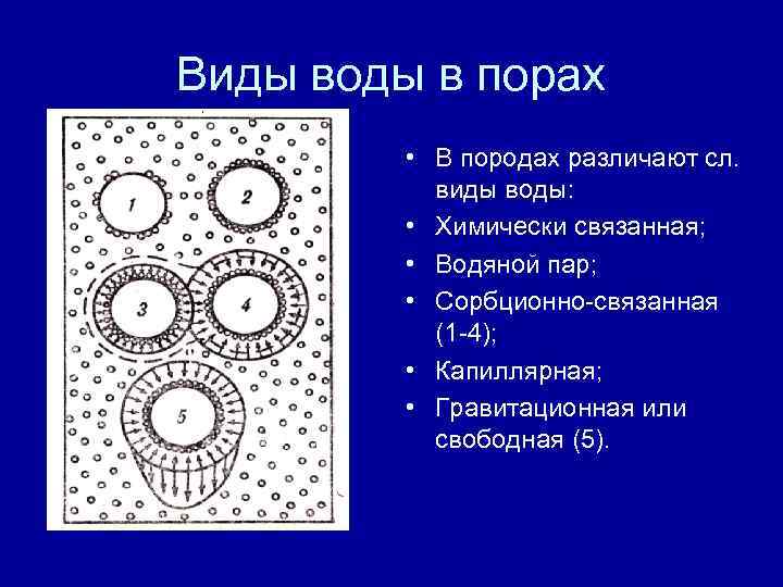 Виды воды в порах • В породах различают сл. виды воды: • Химически связанная;