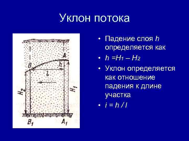 Уклон потока • Падение слоя h определяется как • h =H 1 – H