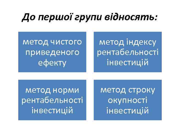 До першої групи відносять: метод чистого приведеного ефекту метод індексу рентабельності інвестицій метод норми