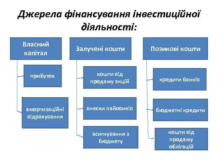 Джерела фінансування інвестиційної діяльності: Власний капітал прибуток амортизаційні відрахування Залучені кошти Позикові кошти від