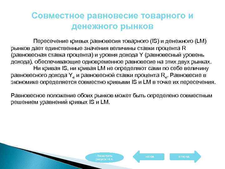 Совместное равновесие товарного и денежного рынков Пересечение кривых равновесия товарного (IS) и денежного (LM)
