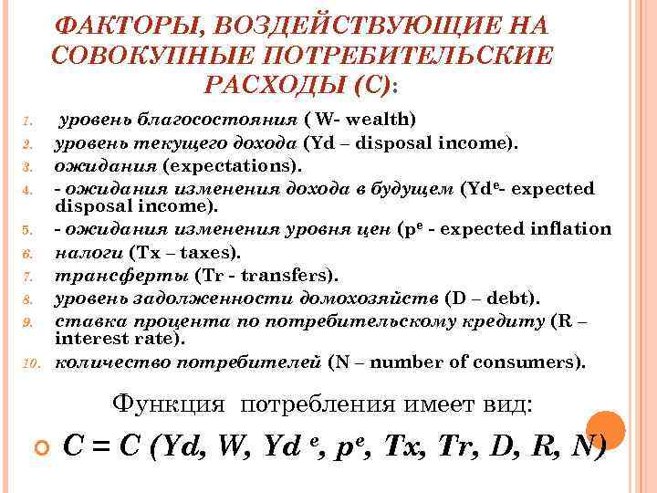 ФАКТОРЫ, ВОЗДЕЙСТВУЮЩИЕ НА СОВОКУПНЫЕ ПОТРЕБИТЕЛЬСКИЕ РАСХОДЫ (C): 1. 2. 3. 4. 5. 6. 7.