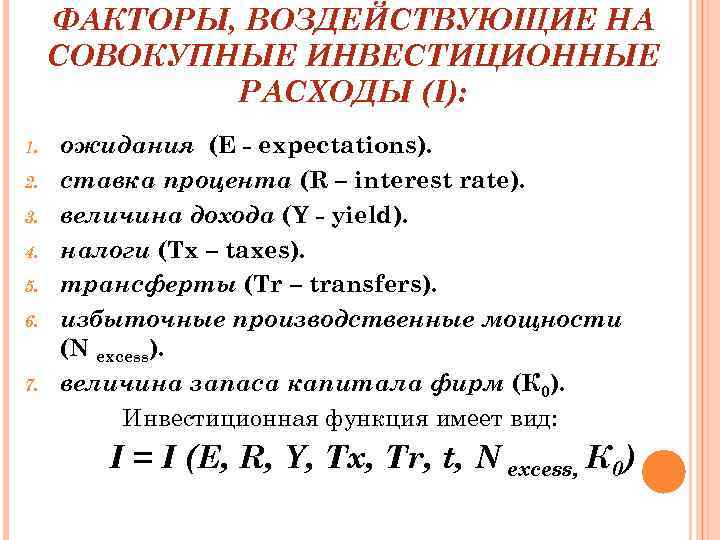 ФАКТОРЫ, ВОЗДЕЙСТВУЮЩИЕ НА СОВОКУПНЫЕ ИНВЕСТИЦИОННЫЕ РАСХОДЫ (I): 1. 2. 3. 4. 5. 6. 7.