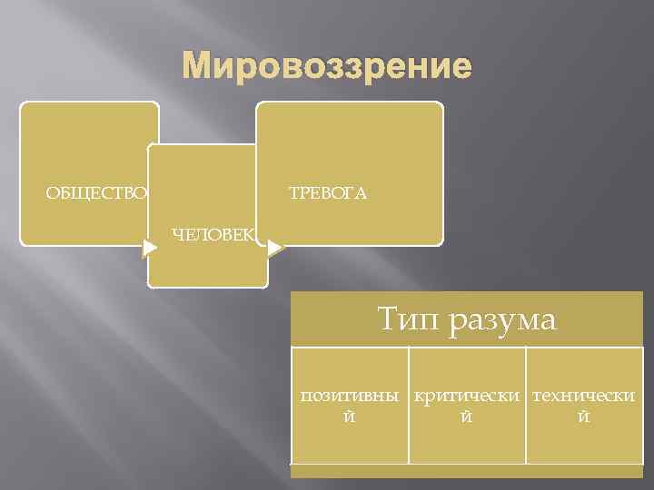 Мировоззрение ОБЩЕСТВО ТРЕВОГА ЧЕЛОВЕК Тип разума позитивны критически технически й й й 