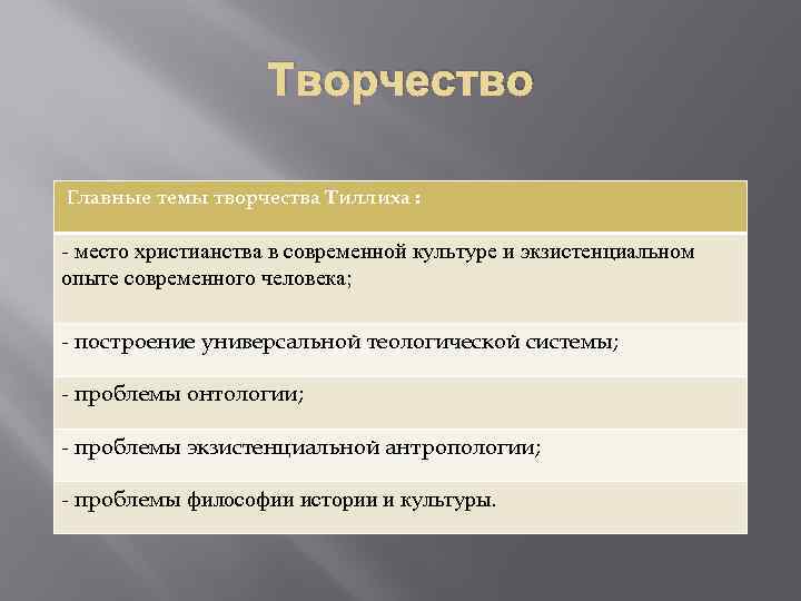 Творчество Главные темы творчества Тиллиха : - место христианства в современной культуре и экзистенциальном