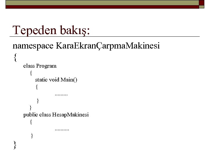 Tepeden bakış: namespace Kara. EkranÇarpma. Makinesi { class Program { static void Main() {.