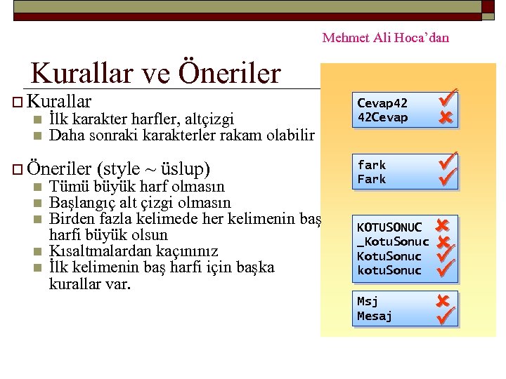 Mehmet Ali Hoca’dan Kurallar ve Öneriler o Kurallar n n İlk karakter harfler, altçizgi