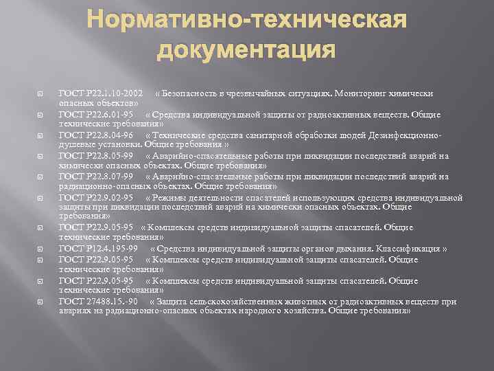 Нормативно-техническая документация ГОСТ Р 22. 1. 10 -2002 « Безопасность в чрезвычайных ситуациях. Мониторинг