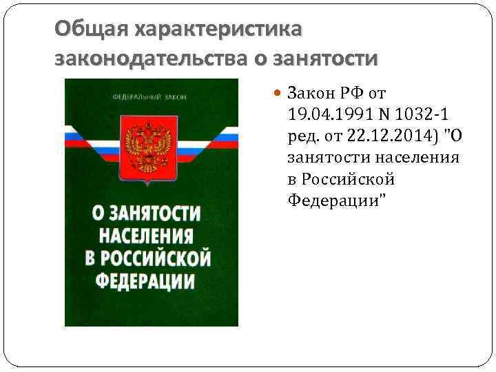 Общая характеристика законодательства о занятости Закон РФ от 19. 04. 1991 N 1032 1