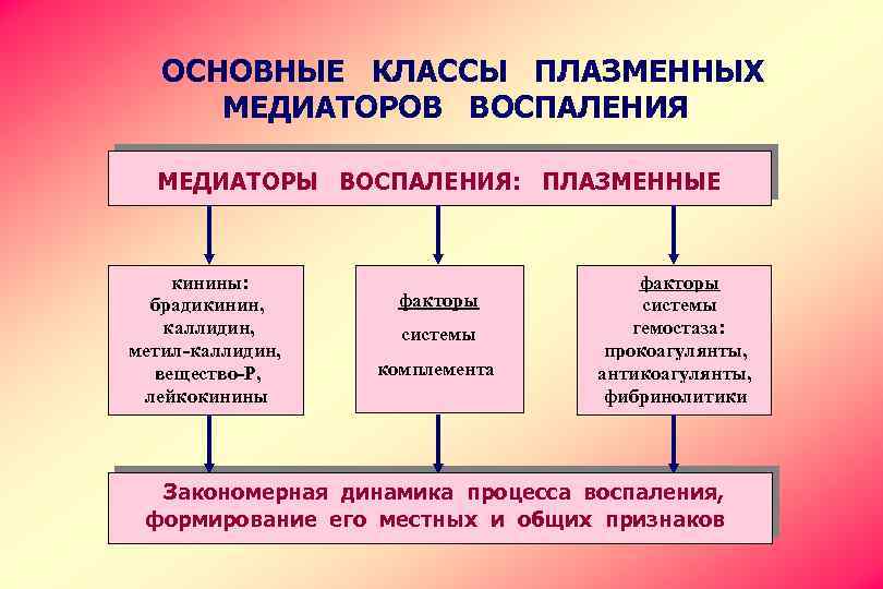 ОСНОВНЫЕ КЛАССЫ ПЛАЗМЕННЫХ МЕДИАТОРОВ ВОСПАЛЕНИЯ МЕДИАТОРЫ ВОСПАЛЕНИЯ: ПЛАЗМЕННЫЕ кинины: брадикинин, каллидин, метил-каллидин, вещество-Р, лейкокинины