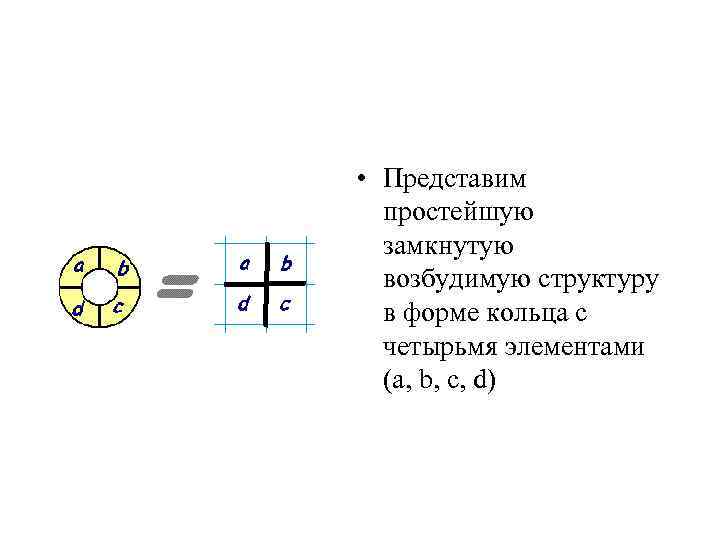  • Представим простейшую замкнутую возбудимую структуру в форме кольца с четырьмя элементами (a,