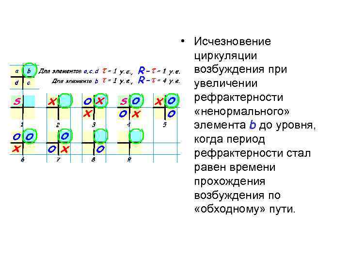  • Исчезновение циркуляции возбуждения при увеличении рефрактерности «ненормального» элемента b до уровня, когда