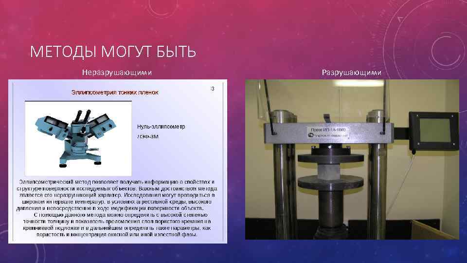 МЕТОДЫ МОГУТ БЫТЬ Неразрушающими Разрушающими 