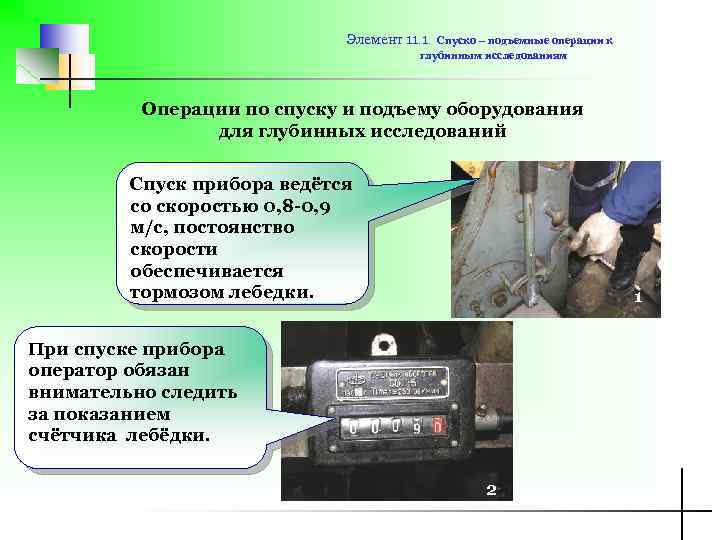 Элемент 11. 1. Спуско – подъемные операции к глубинным исследованиям Операции по спуску и