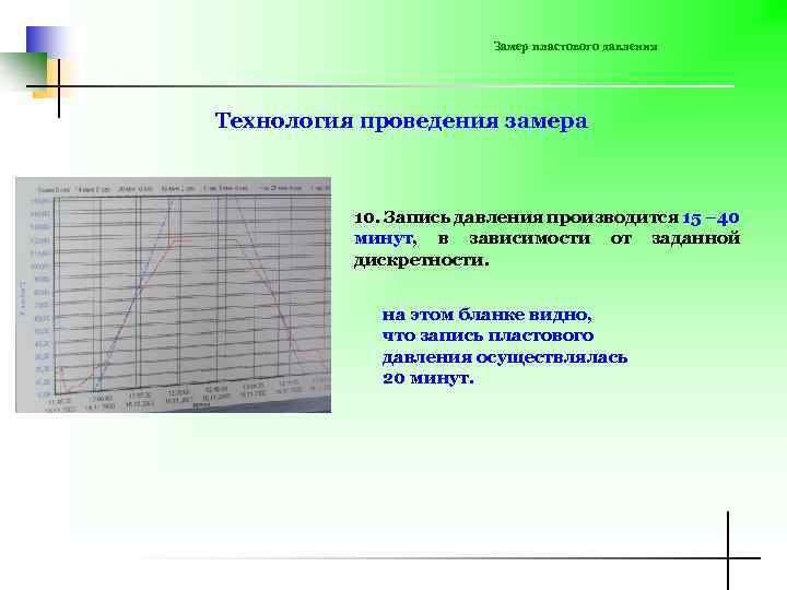 Замер пластового давления Технология проведения замера 10. Запись давления производится 15 – 40 минут,