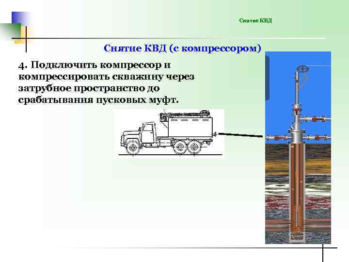 Снятие КВД (с компрессором) 4. Подключить компрессор и компрессировать скважину через затрубное пространство до