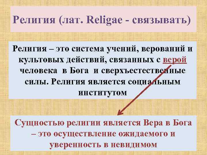 Религия (лат. Religae - связывать) Религия – это система учений, верований и культовых действий,