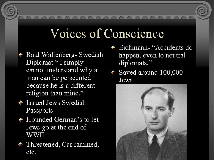 Voices of Conscience Raul Wallenberg- Swedish Diplomat “ I simply cannot understand why a