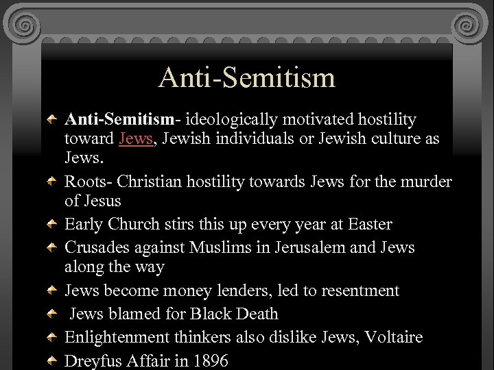 Anti-Semitism- ideologically motivated hostility toward Jews, Jewish individuals or Jewish culture as Jews. Roots-