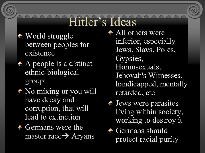 Hitler’s Ideas World struggle between peoples for existence A people is a distinct ethnic-biological