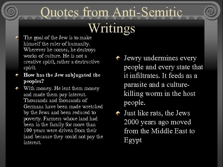 Quotes from Anti-Semitic Writings The goal of the Jew is to make himself the