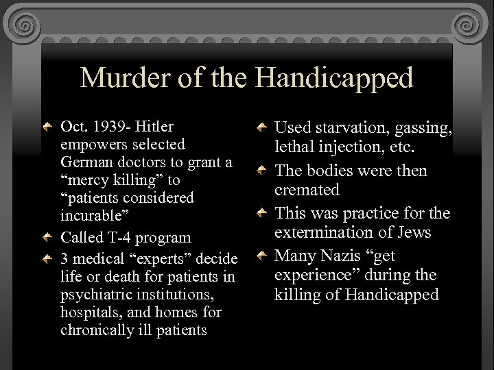 Murder of the Handicapped Oct. 1939 - Hitler empowers selected German doctors to grant