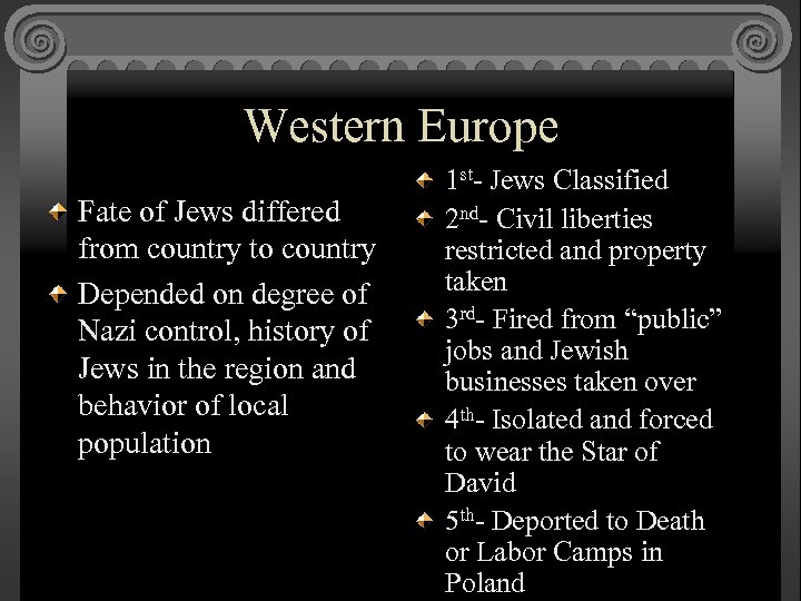 Western Europe Fate of Jews differed from country to country Depended on degree of