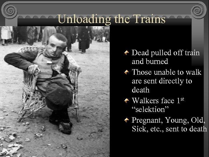 Unloading the Trains Dead pulled off train and burned Those unable to walk are