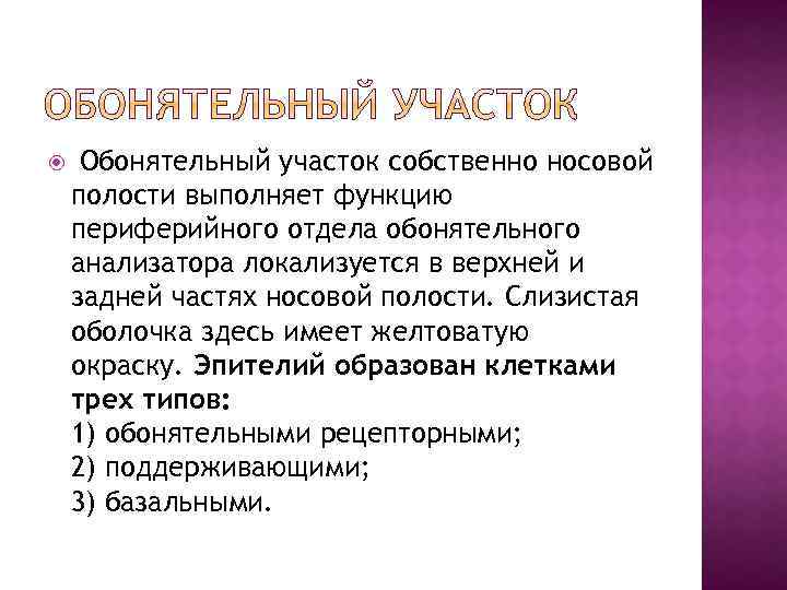  Обонятельный участок собственно носовой полости выполняет функцию периферийного отдела обонятельного анализатора локализуется в