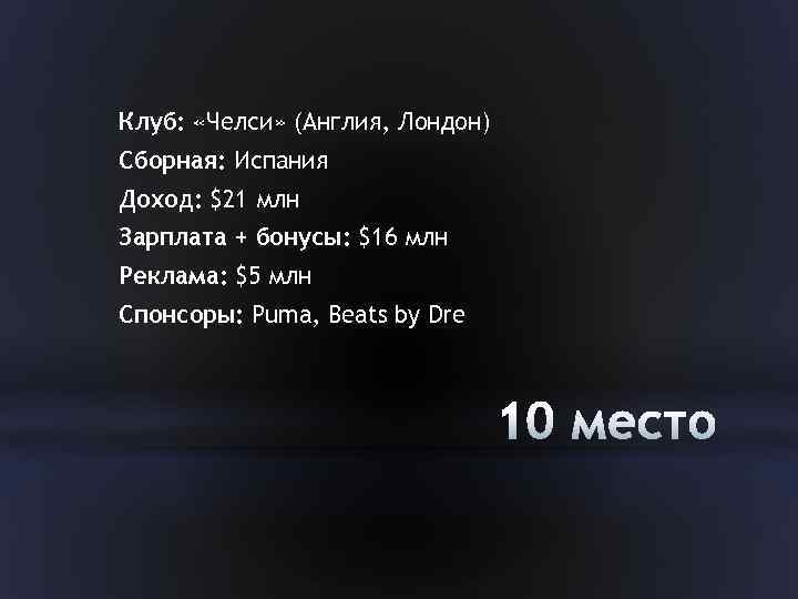 Клуб: «Челси» (Англия, Лондон) Сборная: Испания Доход: $21 млн Зарплата + бонусы: $16 млн