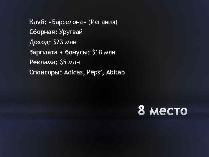 Клуб: «Барселона» (Испания) Сборная: Уругвай Доход: $23 млн Зарплата + бонусы: $18 млн Реклама: