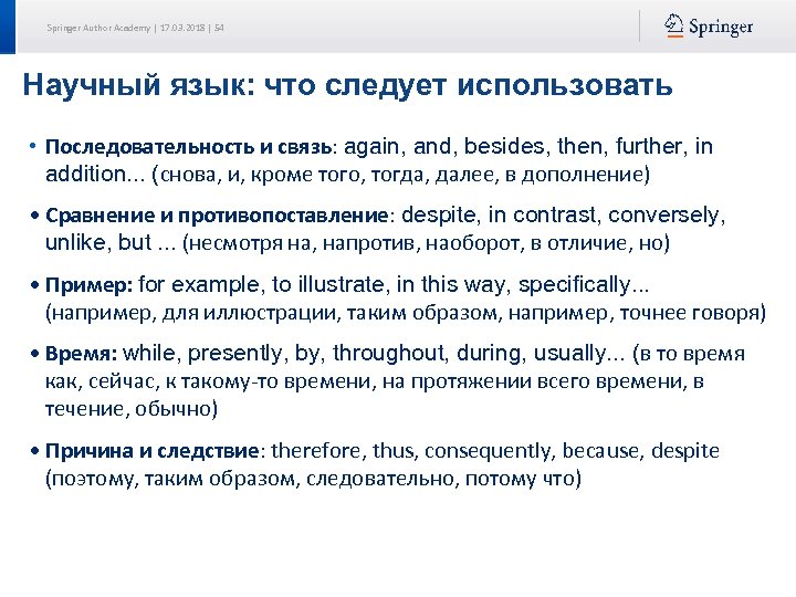  • Springer Author Academy | 17. 03. 2018 | 54 Научный язык: что