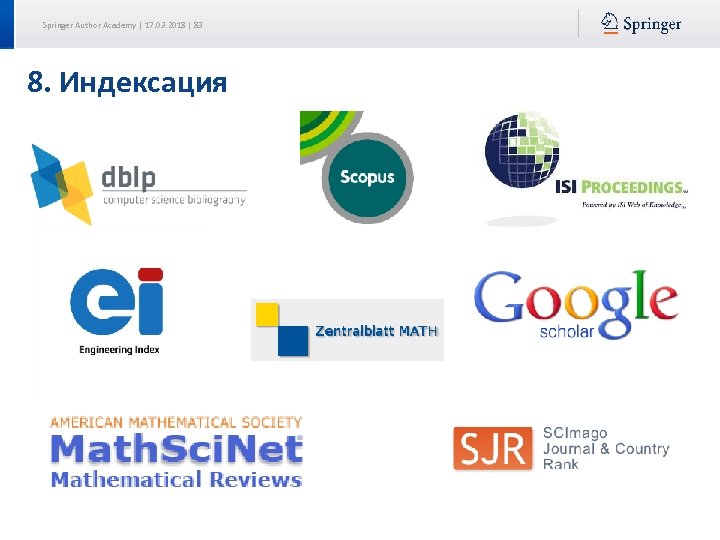 Springer Author Academy | 17. 03. 2018 | 83 8. Индексация 