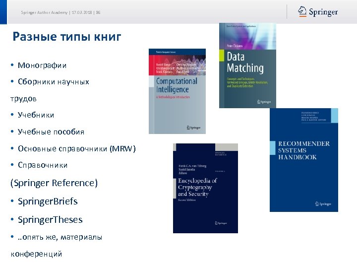 Springer Author Academy | 17. 03. 2018 | 86 Разные типы книг • Монографии