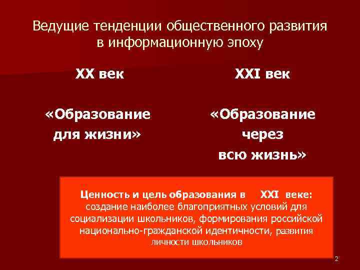 Ведущие тенденции общественного развития в информационную эпоху ХХ век XXI век «Образование для жизни»