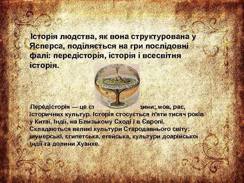 Історія людства, як вона структурована у Ясперса, поділяється на гри послідовні фалі: передісторія, історія