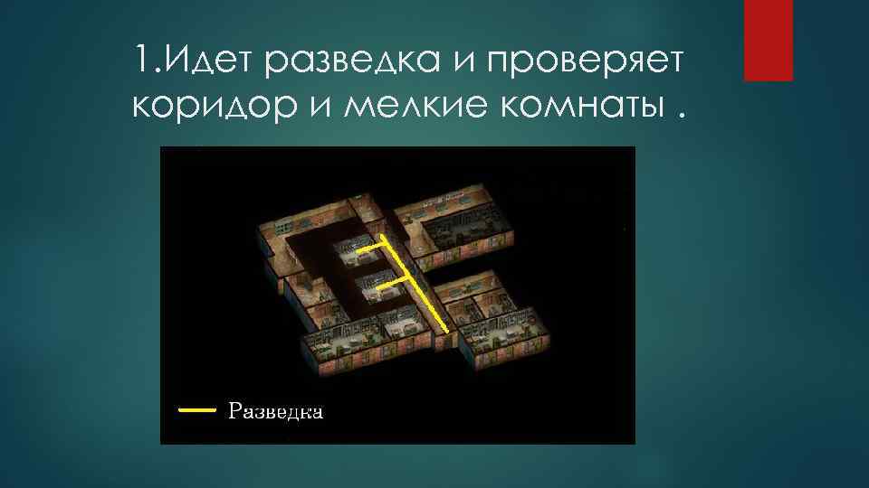 1. Идет разведка и проверяет коридор и мелкие комнаты. 