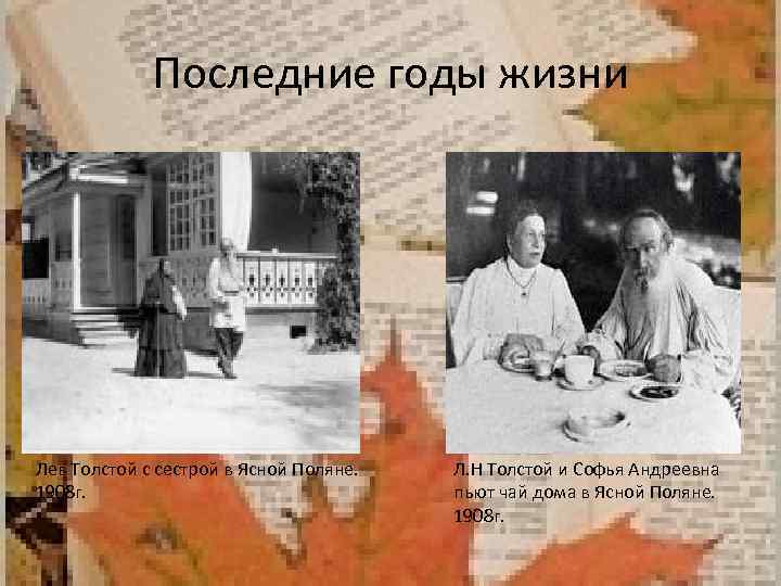 Последние годы жизни Лев Толстой с сестрой в Ясной Поляне. 1908 г. Л. Н