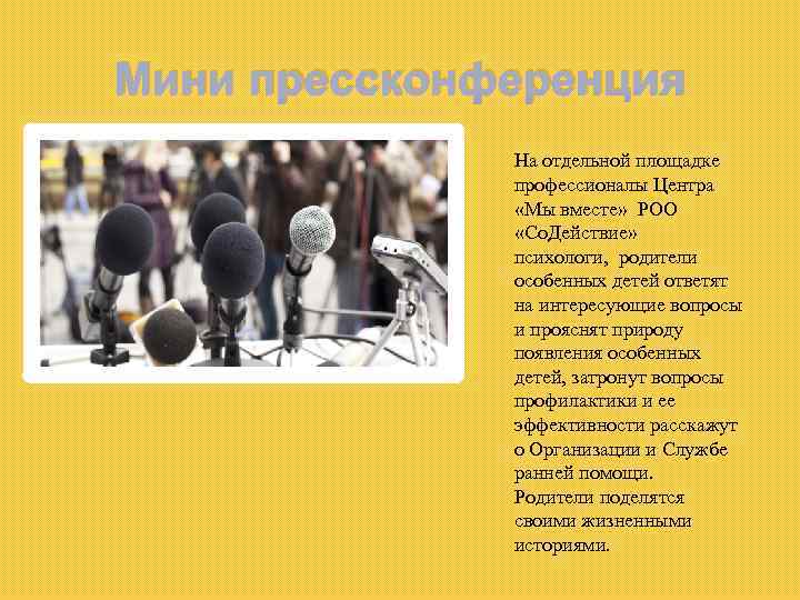 Мини прессконференция На отдельной площадке профессионалы Центра «Мы вместе» РОО «Со. Действие» психологи, родители