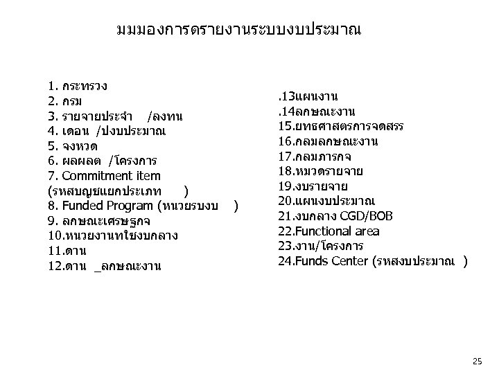 มมมองการดรายงานระบบงบประมาณ 1. กระทรวง 2. กรม 3. รายจายประจำ /ลงทน 4. เดอน /ปงบประมาณ 5. จงหวด 6.