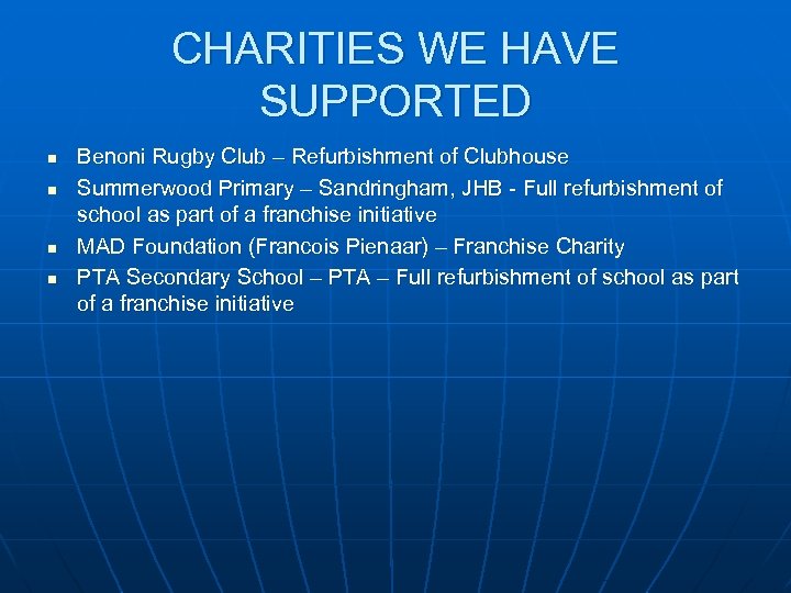 CHARITIES WE HAVE SUPPORTED n n Benoni Rugby Club – Refurbishment of Clubhouse Summerwood