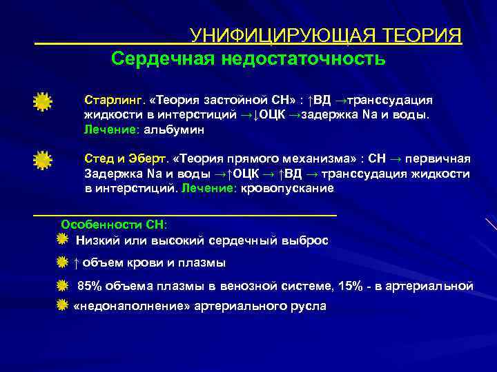 УНИФИЦИРУЮЩАЯ ТЕОРИЯ Сердечная недостаточность Старлинг. «Теория застойной СН» : ↑ВД →транссудация жидкости в интерстиций