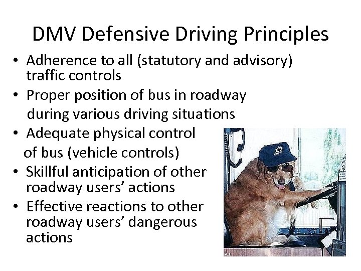 DMV Defensive Driving Principles • Adherence to all (statutory and advisory) traffic controls •