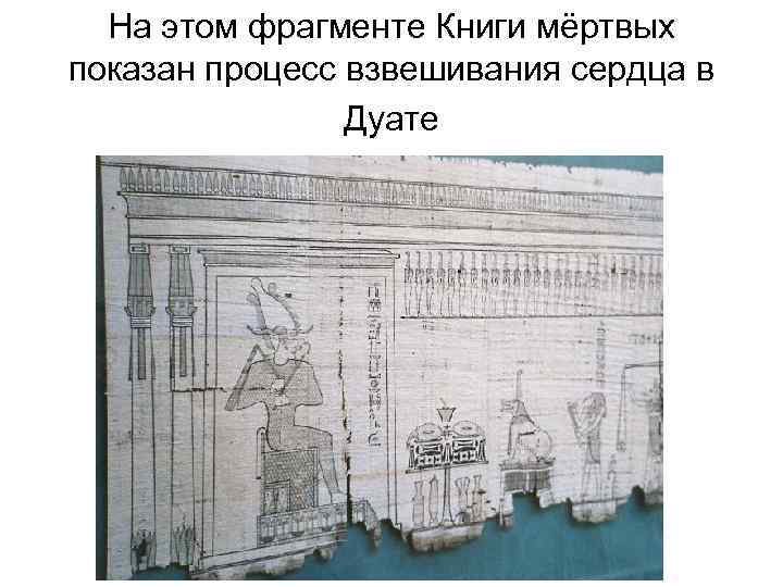 На этом фрагменте Книги мёртвых показан процесс взвешивания сердца в Дуате 