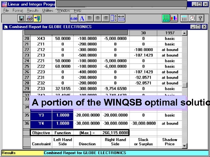 A portion of the WINQSB optimal solutio 