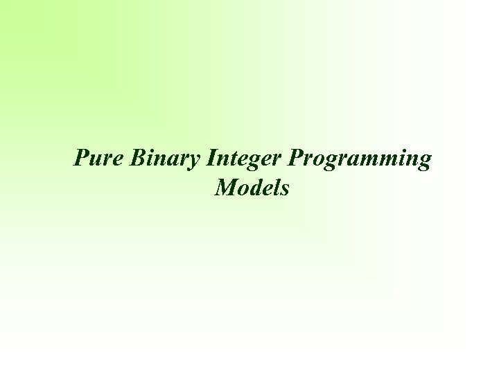 Pure Binary Integer Programming Models 