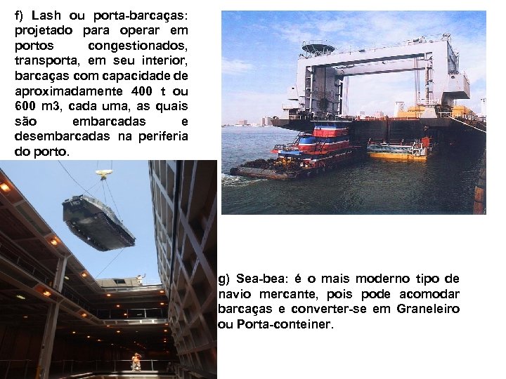 f) Lash ou porta-barcaças: projetado para operar em portos congestionados, transporta, em seu interior,