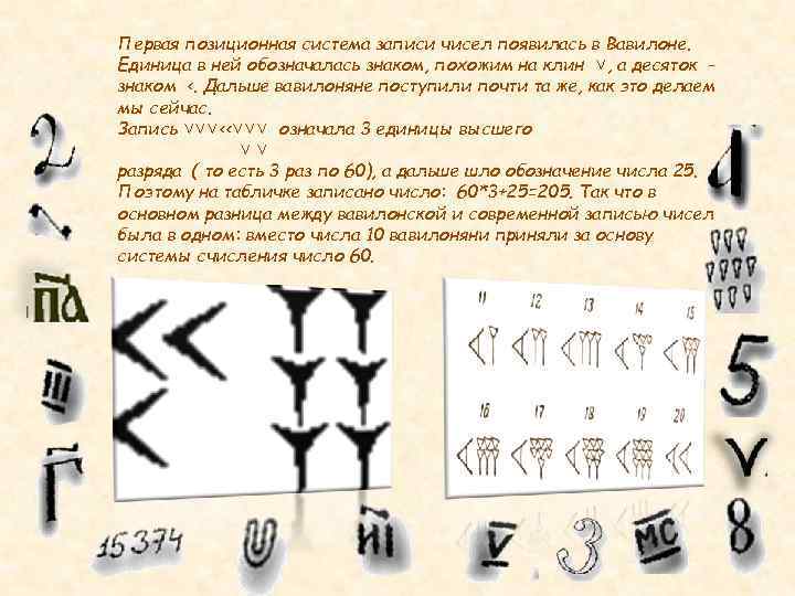 Первая позиционная система записи чисел появилась в Вавилоне. Единица в ней обозначалась знаком, похожим