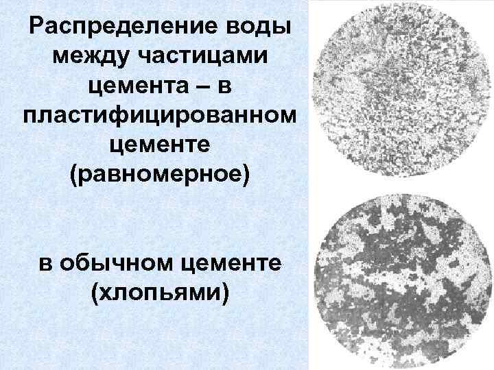 Распределение воды между частицами цемента – в пластифицированном цементе (равномерное) в обычном цементе (хлопьями)