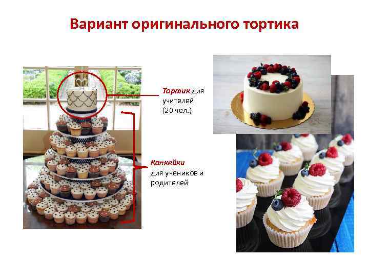 Вариант оригинального тортика Тортик для учителей (20 чел. ) Капкейки для учеников и родителей